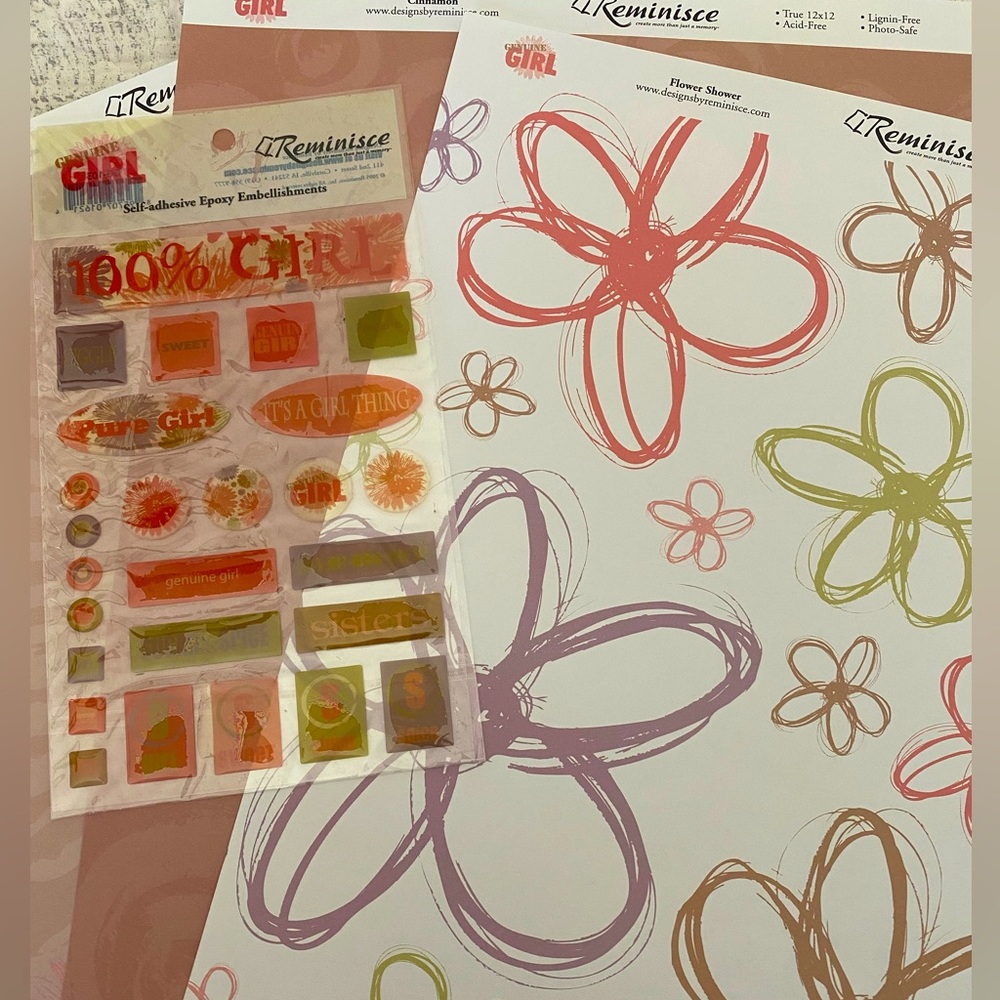 🌺 REMINISCE “GENUINE GIRL” STICKERS & SCRAPBOOK PAPER BUNDLE. RETIRED DESIGN!
